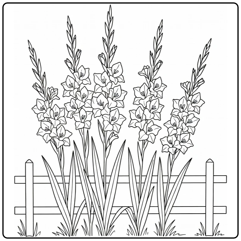 Gladiolus coloring page showing flowers next to a fence