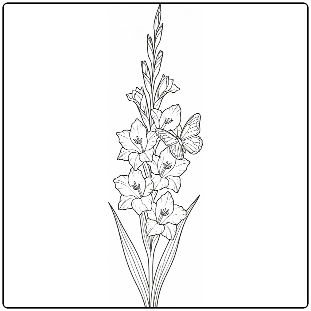 Gladiolus coloring page featuring a butterfly on the flowers