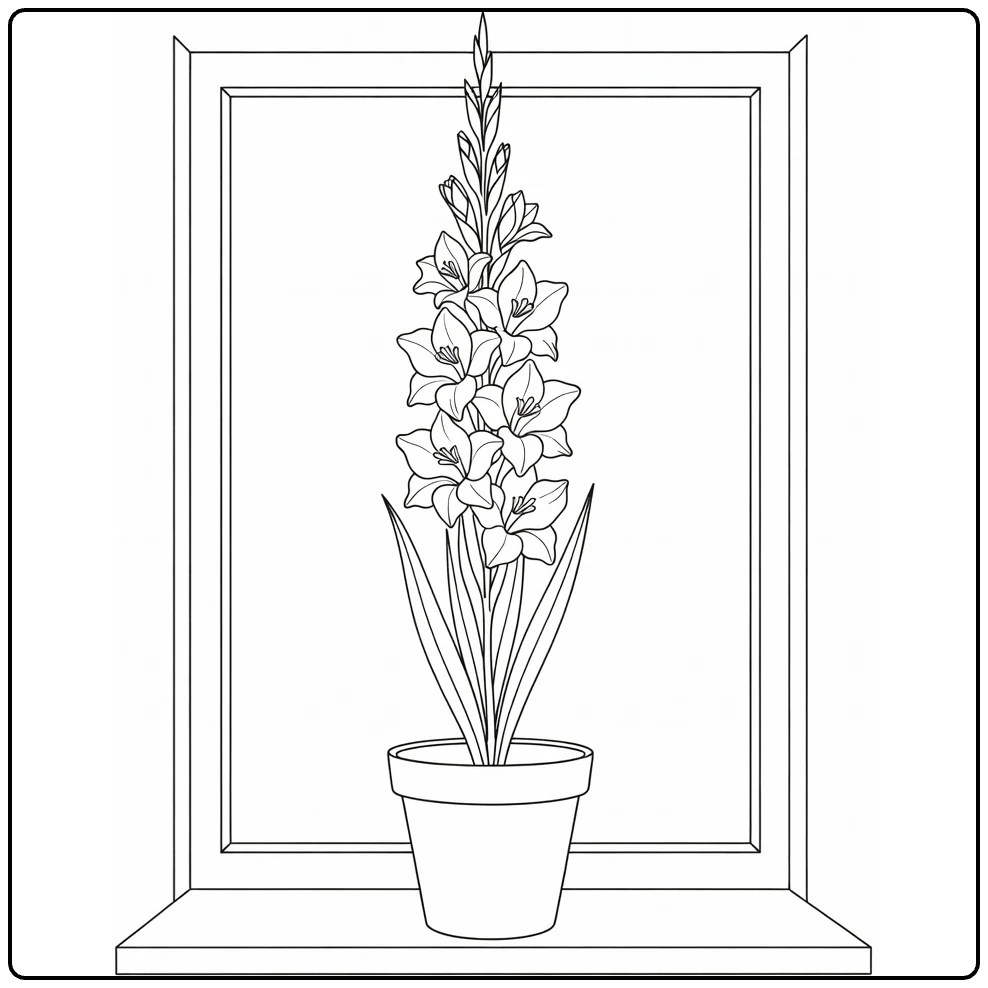Gladiolus coloring page showing a potted flower by a window