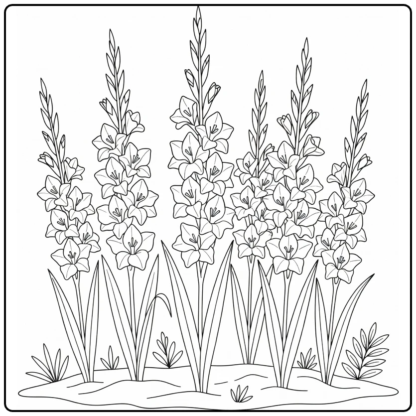 Gladiolus coloring page showing tall flowers growing in a garden
