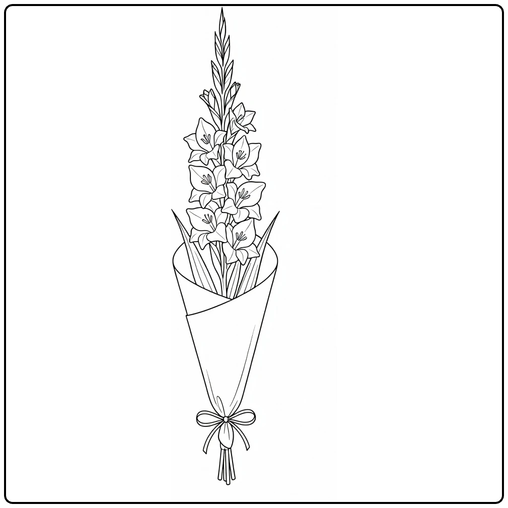 Gladiolus coloring page showing a wrapped flower with a bow