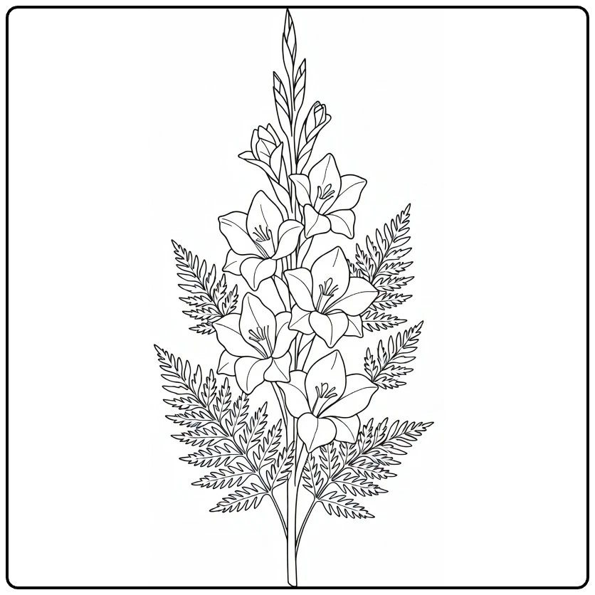 Gladiolus coloring page featuring a flower spike with fern leaves