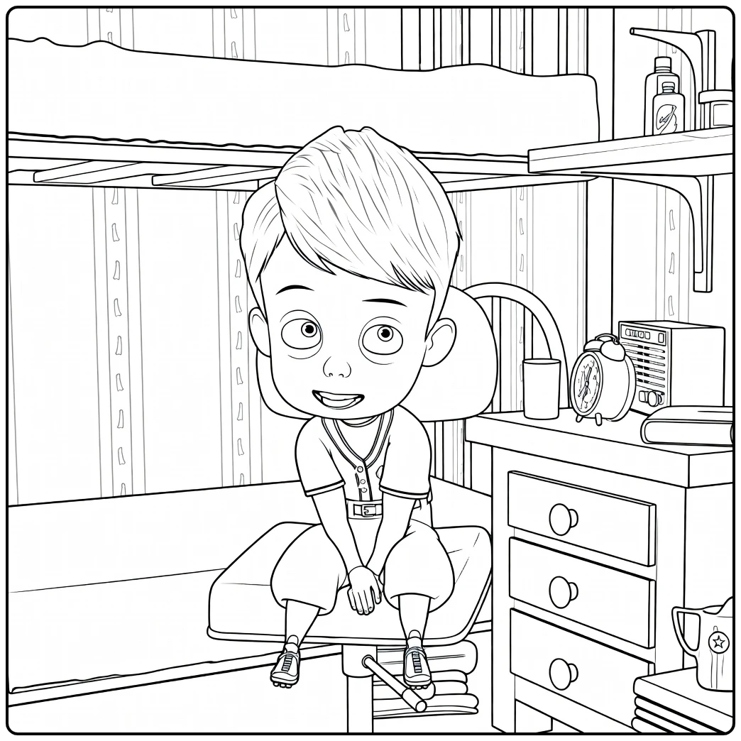 goob coloring page boy zittend on bed
