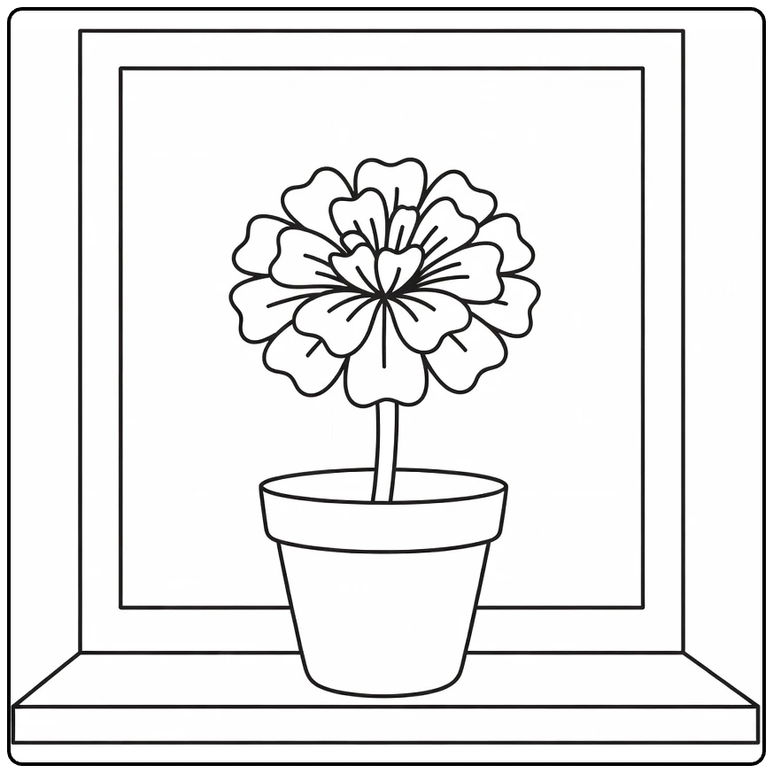Marigold coloring page featuring a flower in a pot on a windowsill