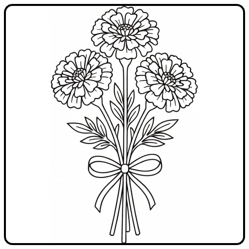 Marigold coloring page featuring a bouquet of three flowers