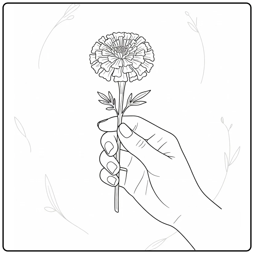 Marigold coloring page showing a hand holding a flower