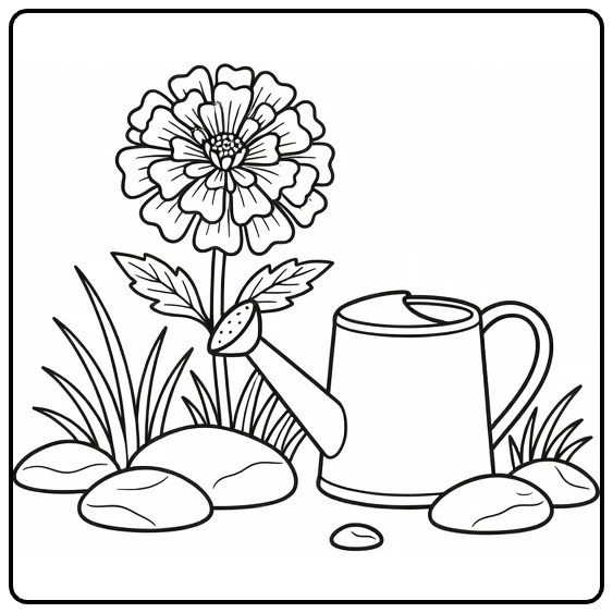 Marigold coloring page showing a watering can in a calm garden