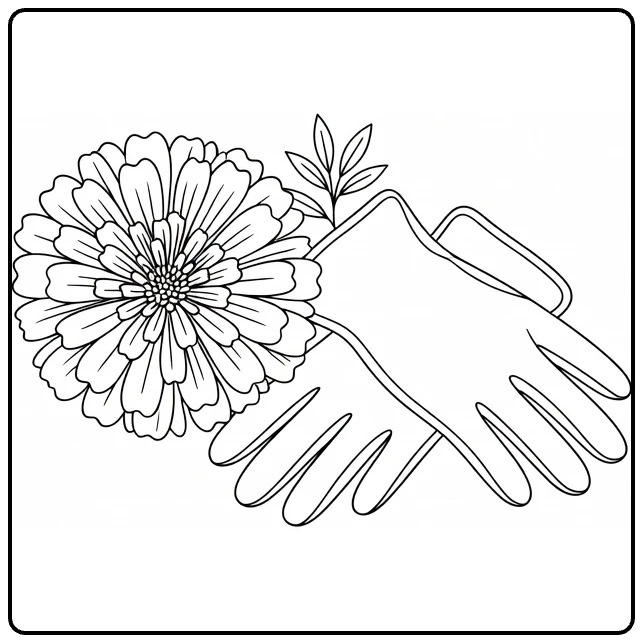 Marigold coloring page showing a flower and garden gloves