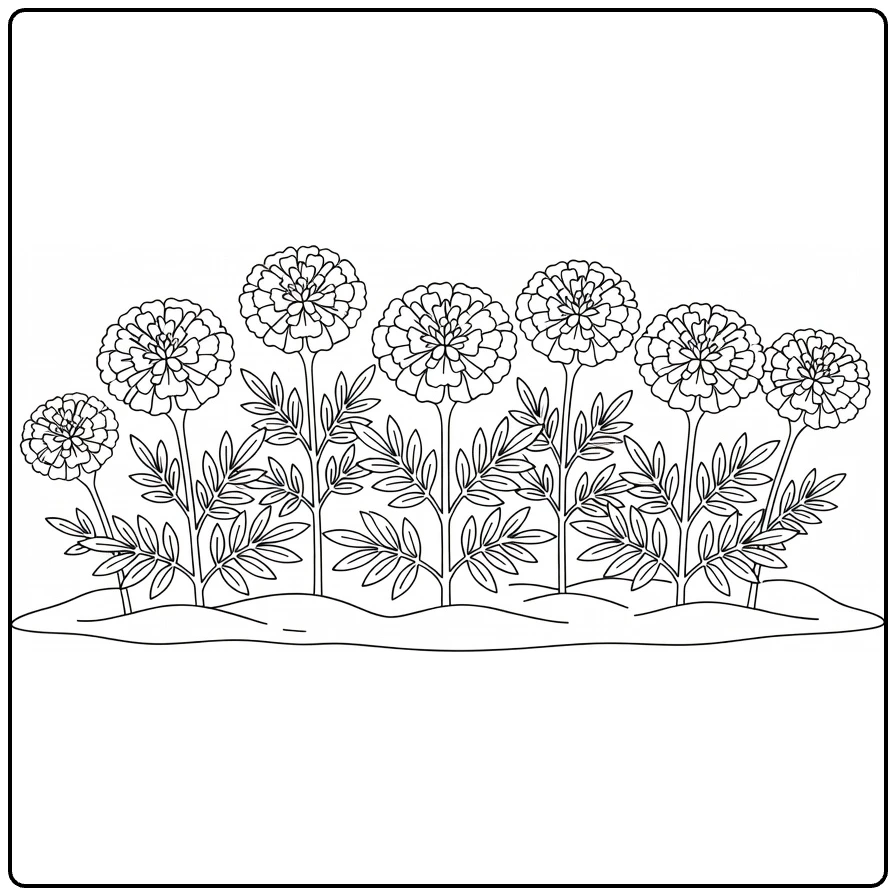 Marigold coloring page showing a row of flowers in a bed