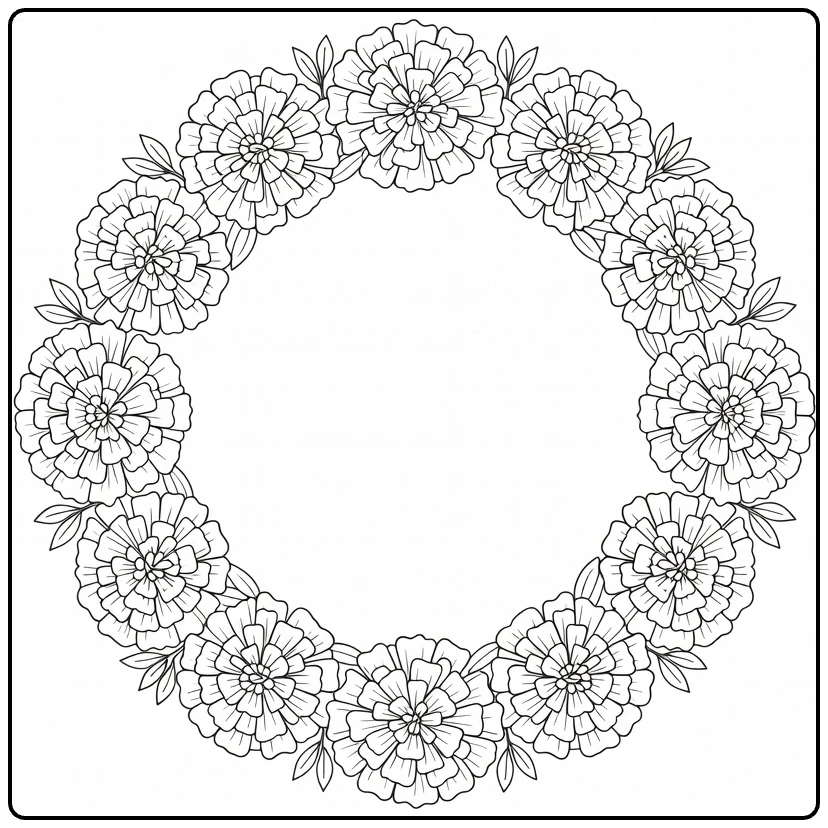 Marigold coloring page showing a round flower wreath
