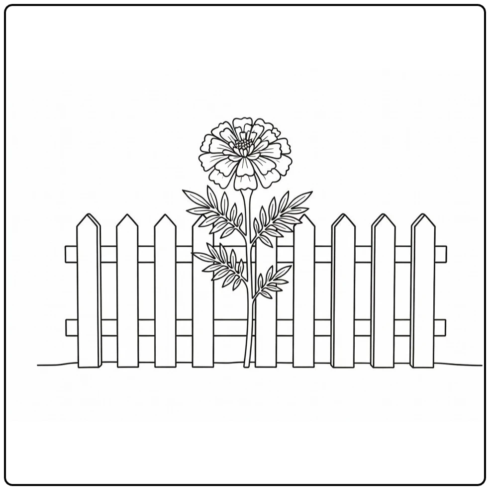 Marigold coloring page featuring a flower beside a wooden fence