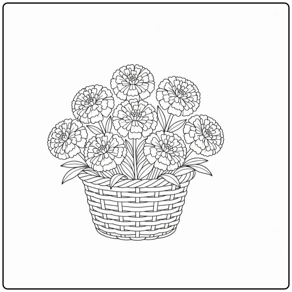 Marigold coloring page showing flowers in a basket