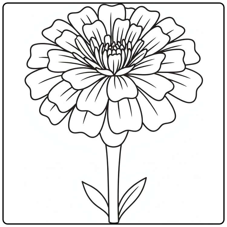 Marigold coloring page showing a blooming flower with layered petals