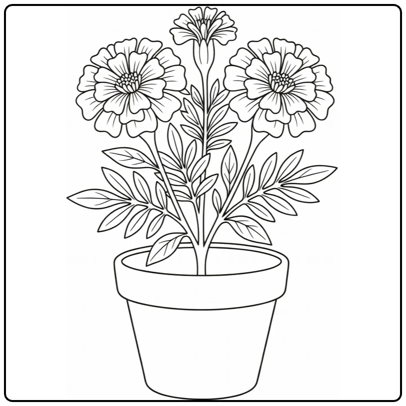 Marigold coloring page featuring a plant in a clay pot