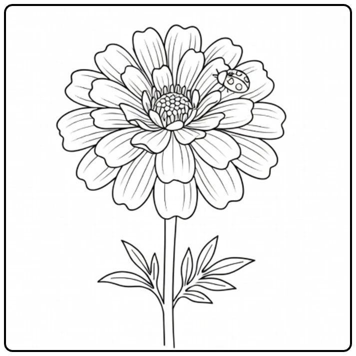 Marigold coloring page featuring a ladybug on a flower