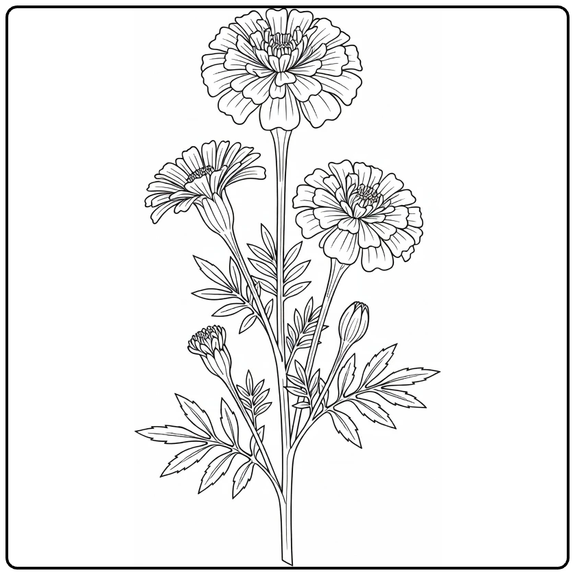 Marigold coloring page featuring a botanical stem with flowers and buds