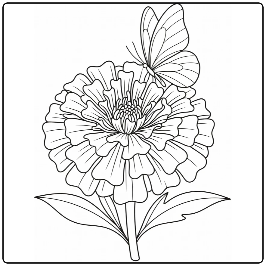 Marigold coloring page featuring a butterfly on a large flower