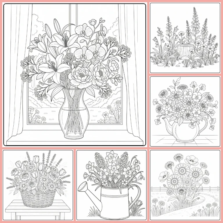 Flower coloring page collection preview with varied floral designs