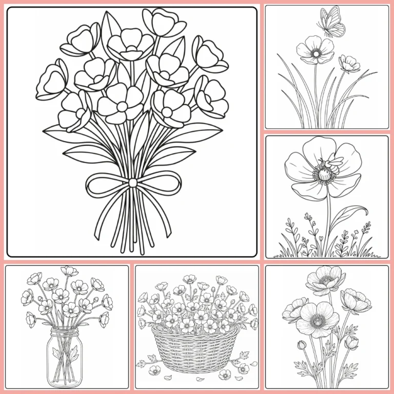 Buttercup coloring page collection preview with meadow flowers and bouquets