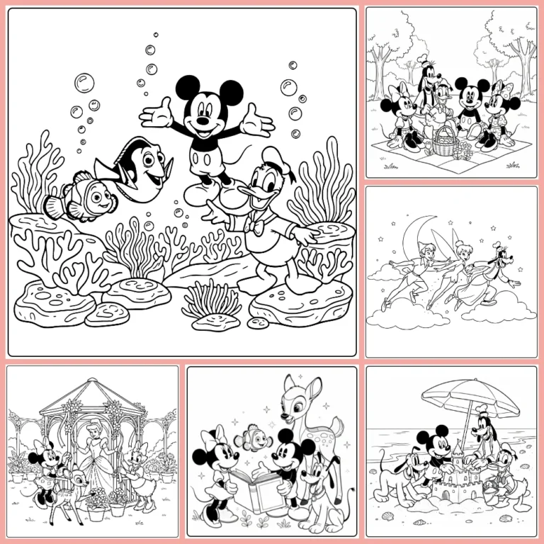 Disney coloring page collection preview with Mickey and friends