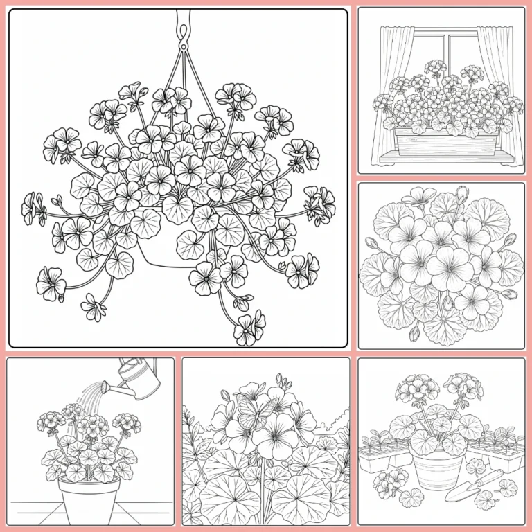 Geranium coloring page collection preview with potted flowers and hanging basket designs