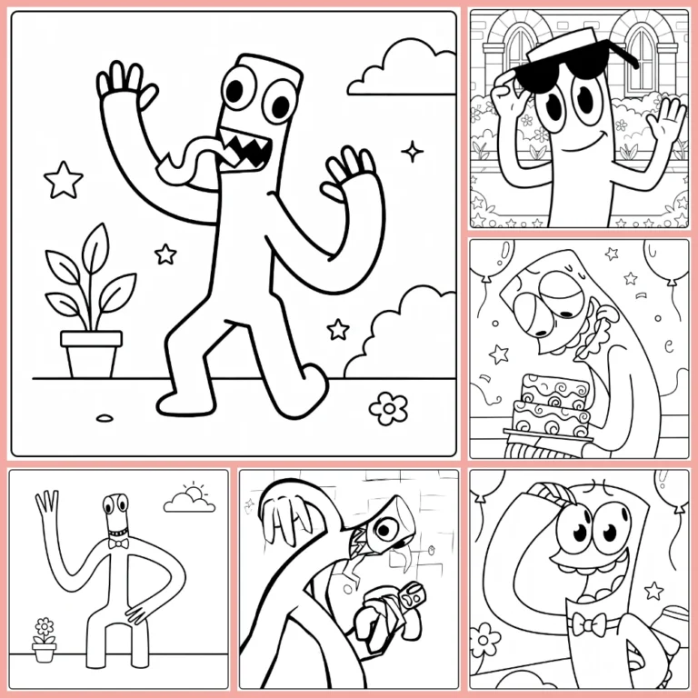 Green Rainbow Friends coloring page collection preview with playful character scenes