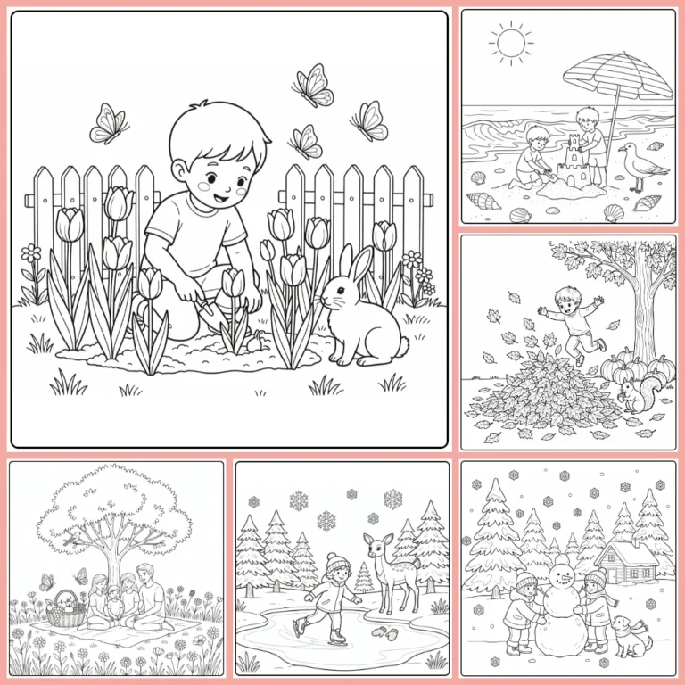 Seasons coloring page collection preview with outdoor activities