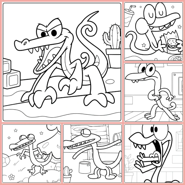 Orange Rainbow Friends coloring page collection preview with crocodile character scenes