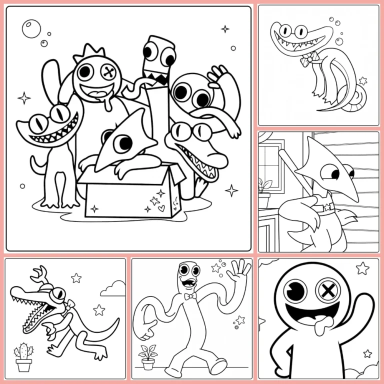 Rainbow Friends coloring page collection preview with game characters