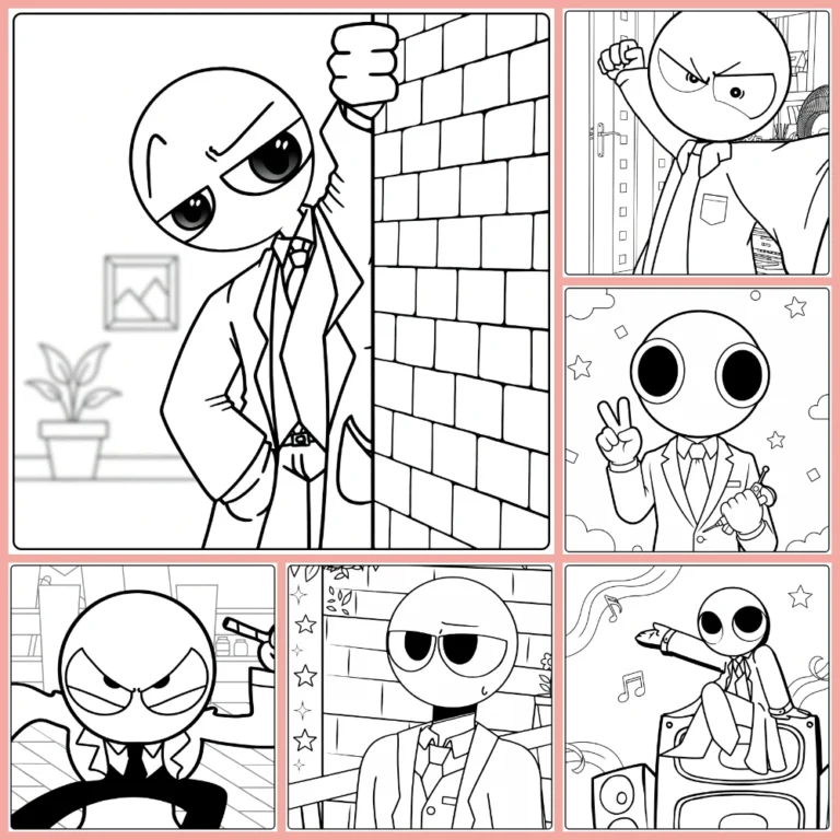 Red Rainbow Friends coloring page collection preview with scientist and suit scenes