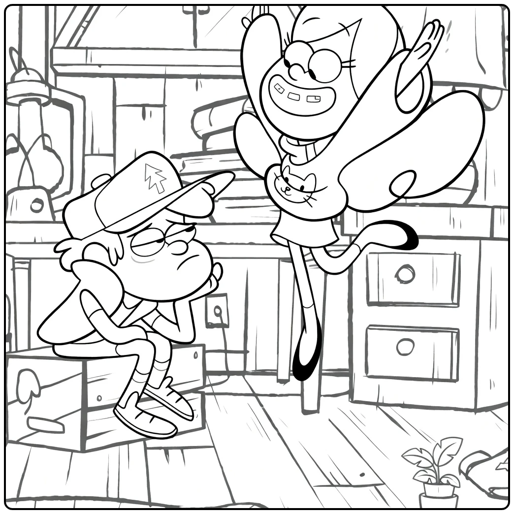gravity Falls Dipper and Mabel in the Shack coloring page