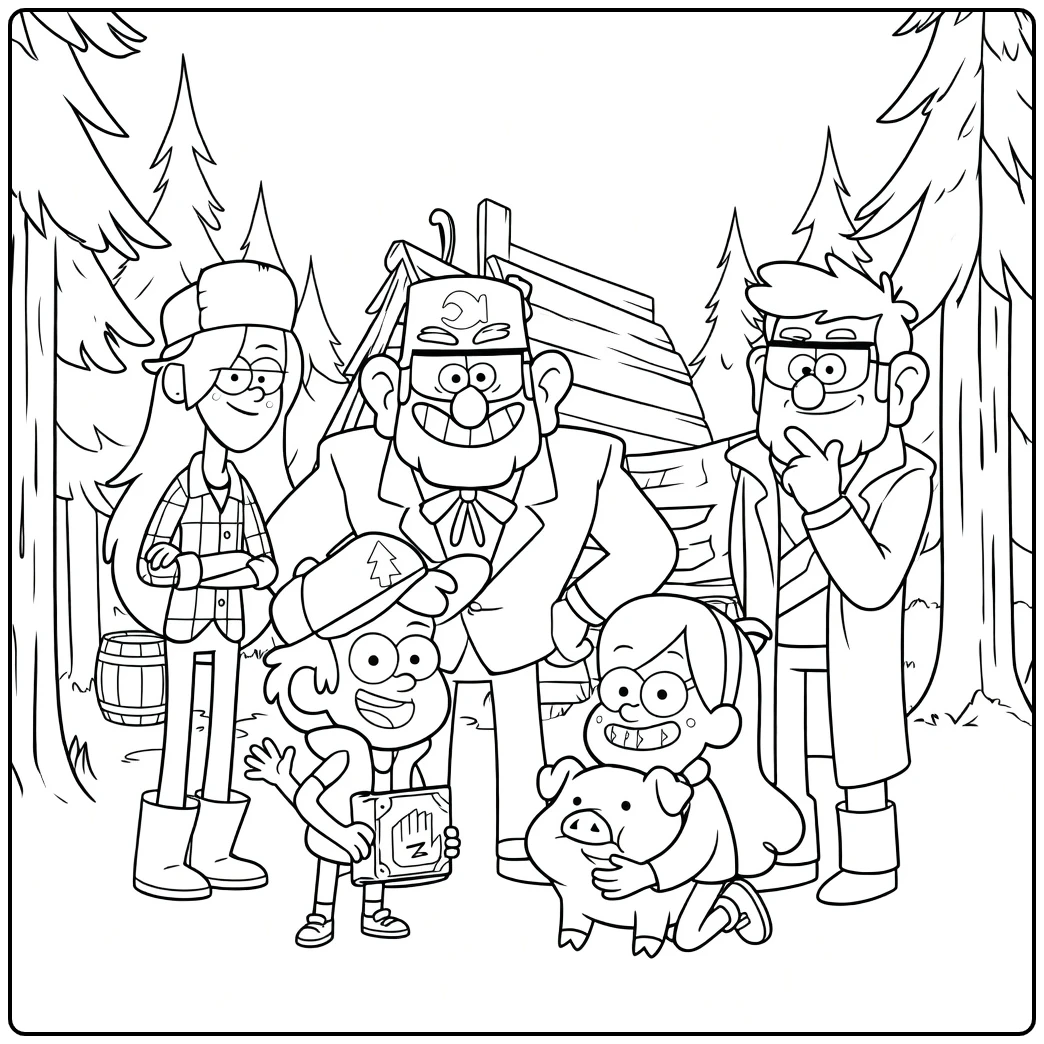 Gravity Falls coloring page with Dipper, Mabel, Stan, and Waddles