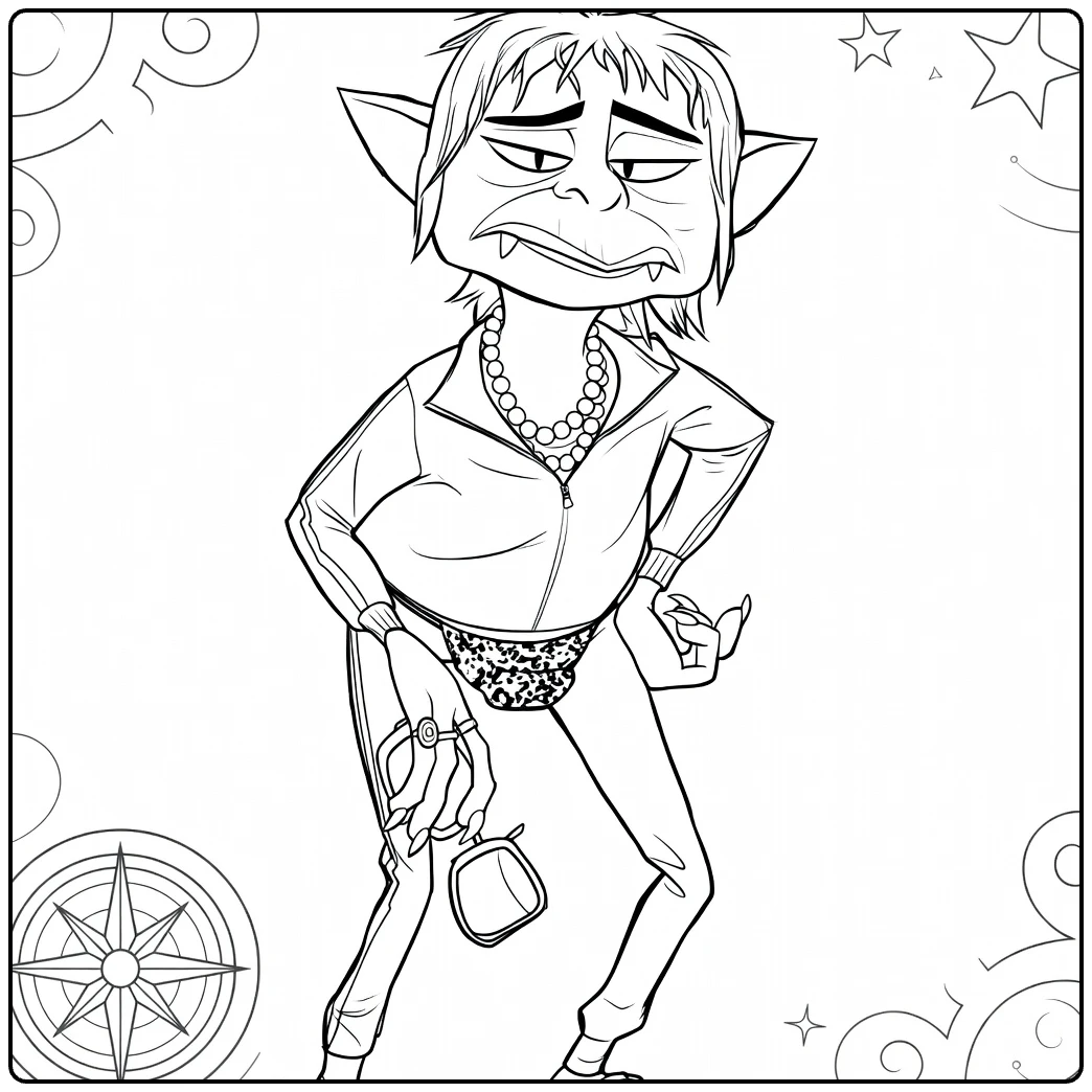 Grecklin coloring page showing the confident goblin with a necklace