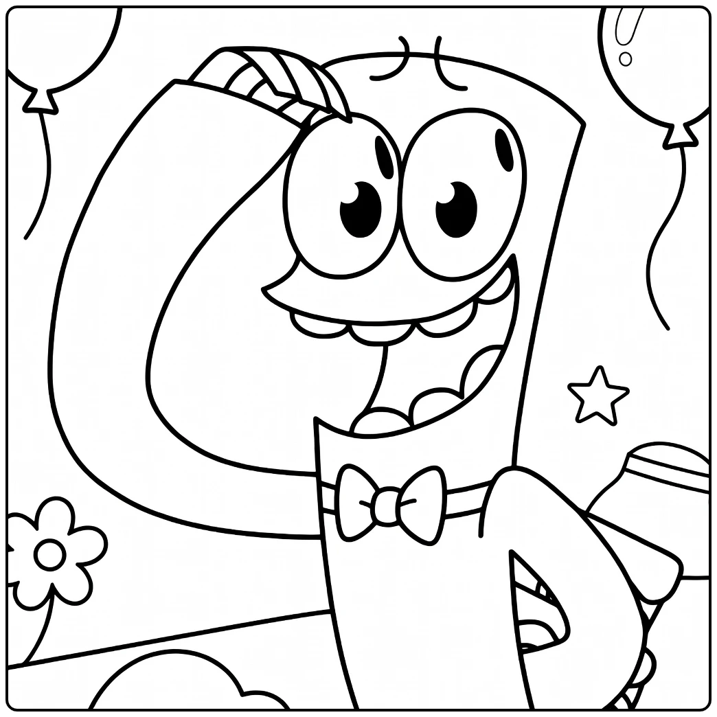 Green Rainbow Friends coloring page showing a cheerful party portrait