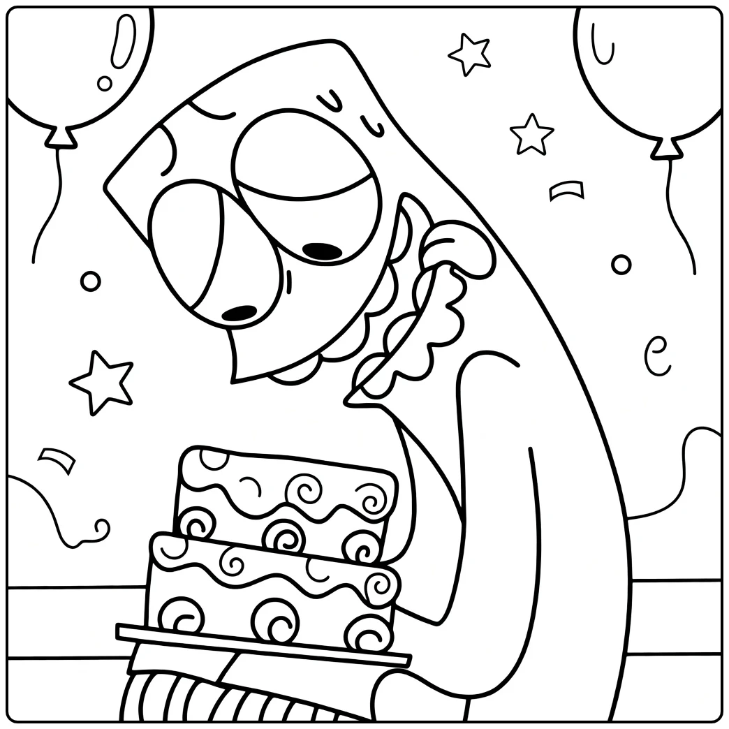Green Rainbow Friends coloring page showing Green eating cake with balloons