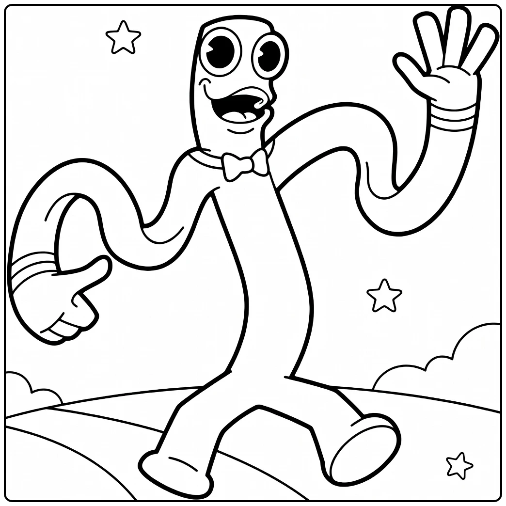 Green Rainbow Friends coloring page showing Green waving with stars around him