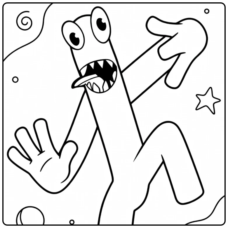 Green Rainbow Friends coloring page featuring long arms and a reaching pose