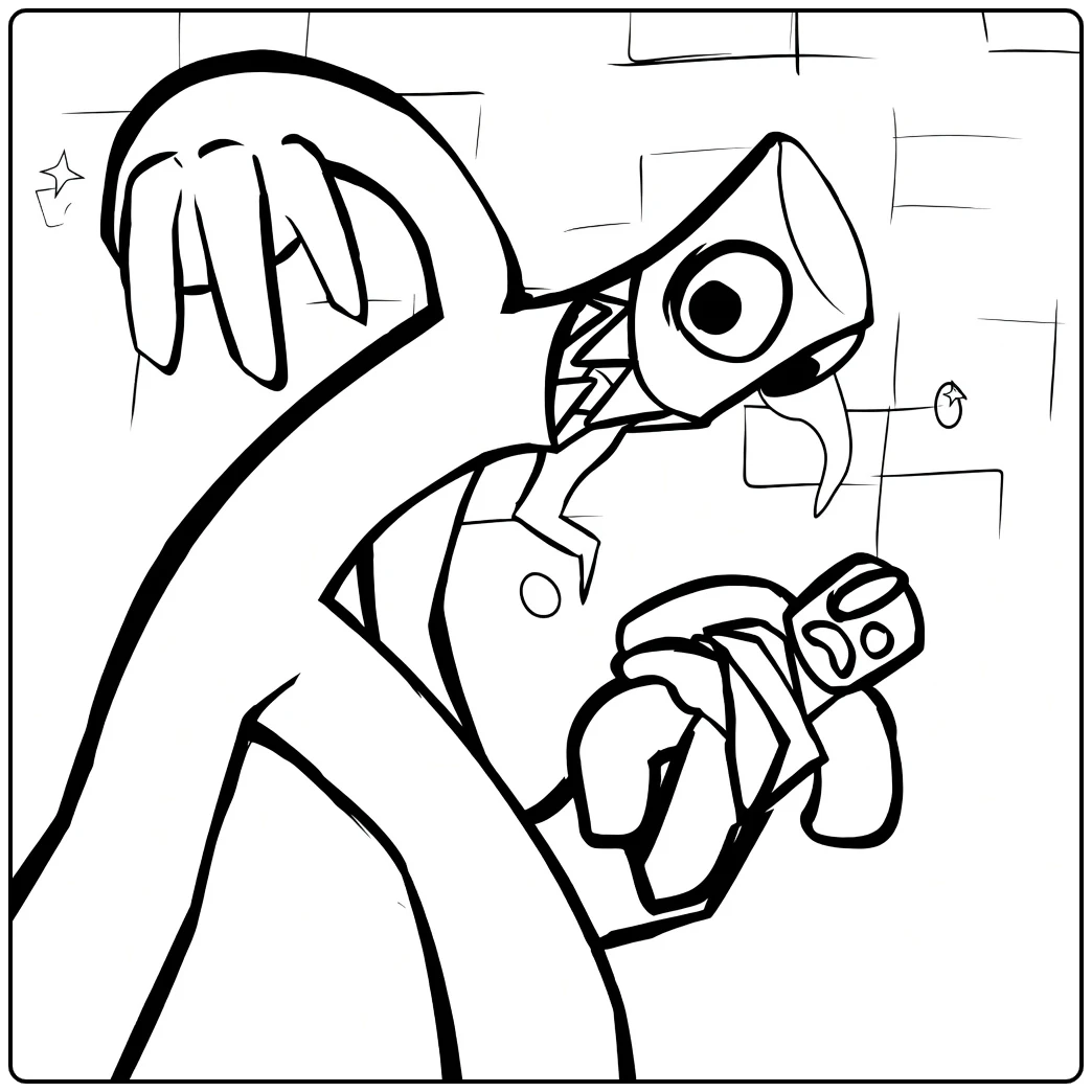 Green Rainbow Friends coloring page showing the character holding cartoon figures