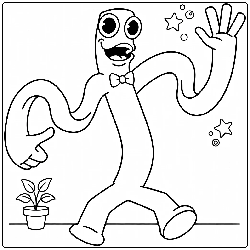 Green Rainbow Friends coloring page showing the monster in a playful pose