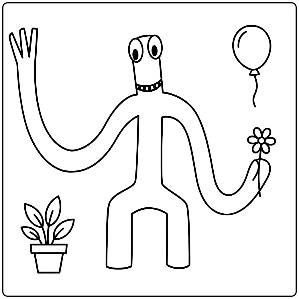 Green Rainbow Friends coloring page featuring the long-armed character