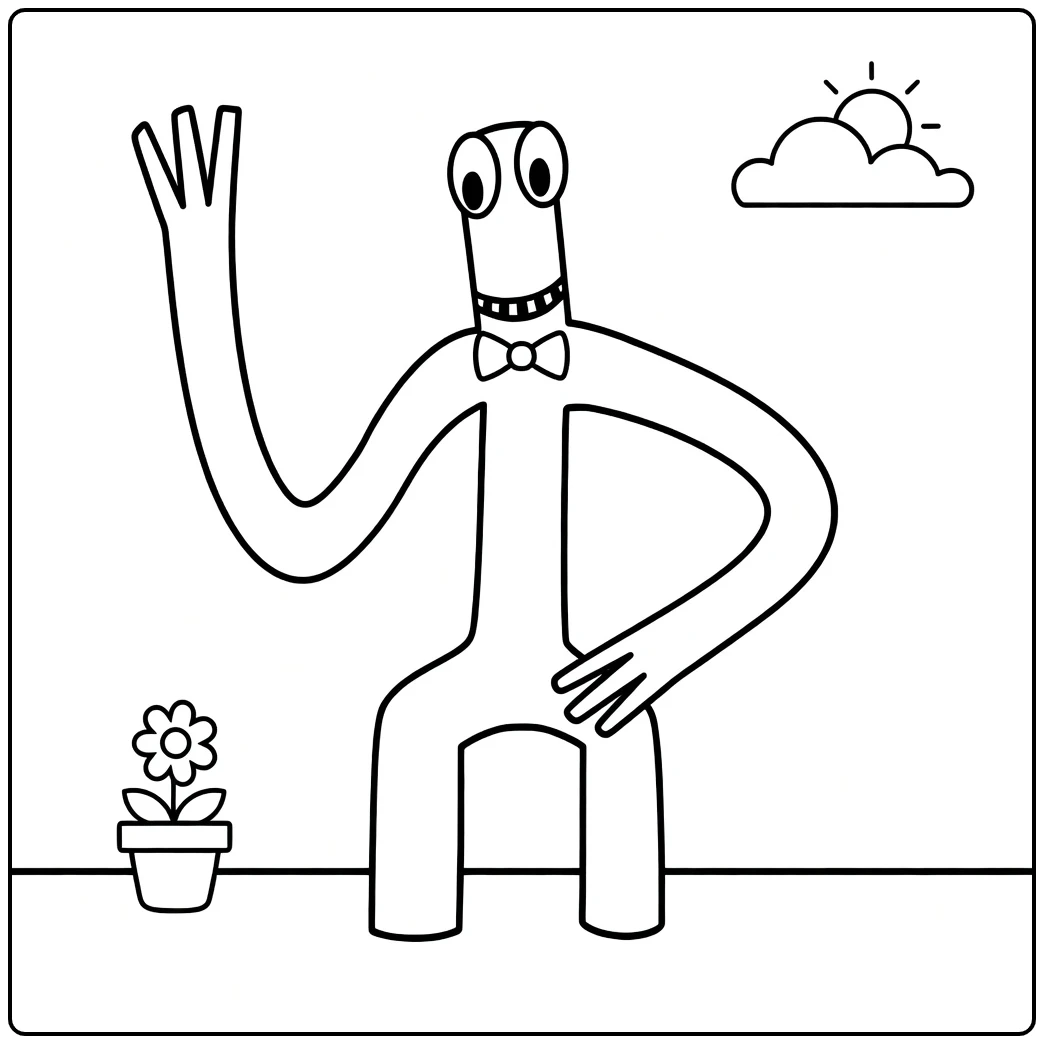 Green Rainbow Friends coloring page showing the character with a bow tie and plant