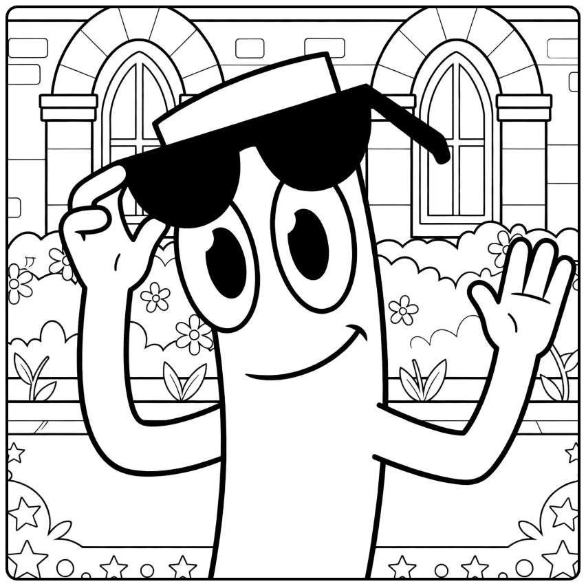 Green Rainbow Friends coloring page featuring Green wearing sunglasses