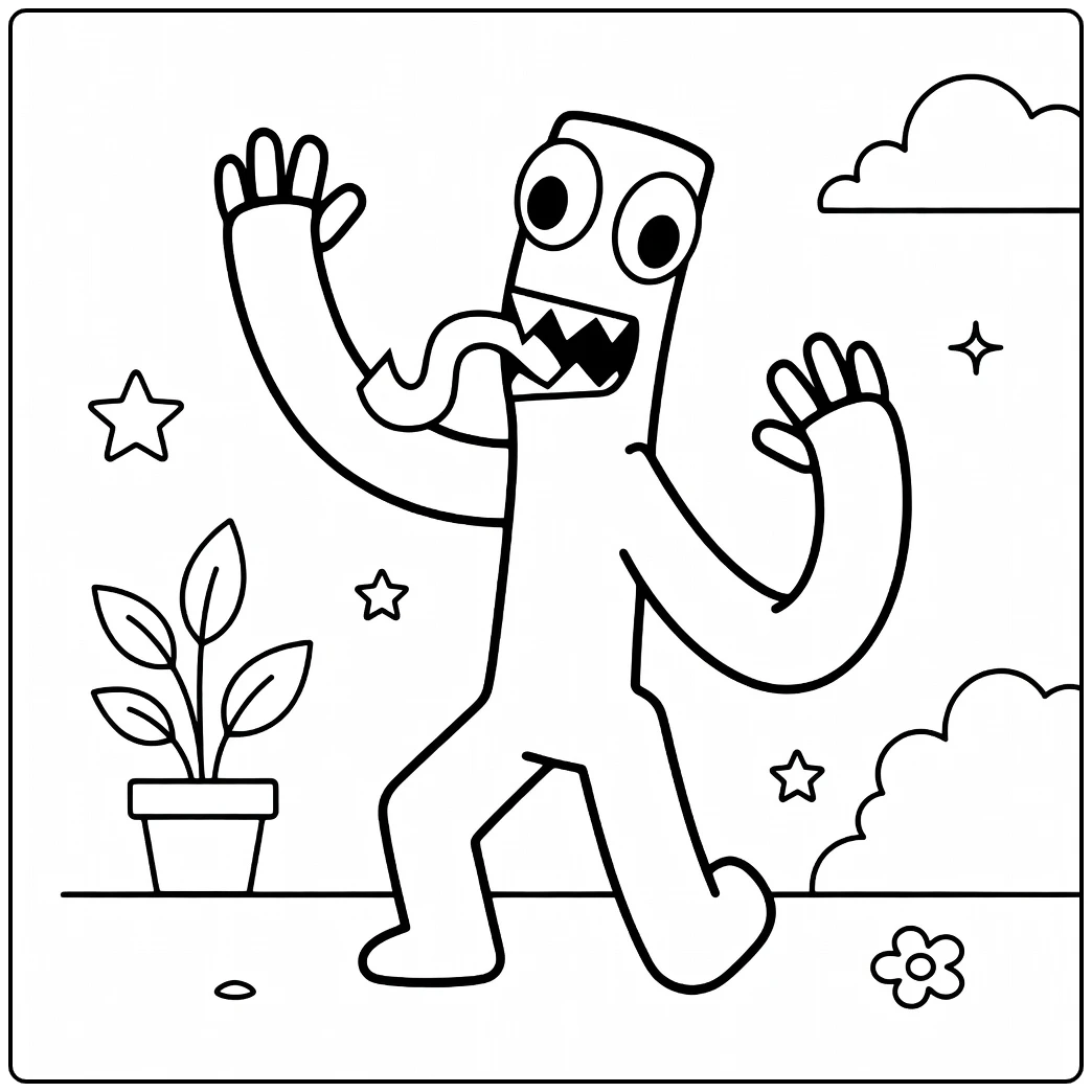 Green Rainbow Friends coloring page featuring the character waving beside a plant