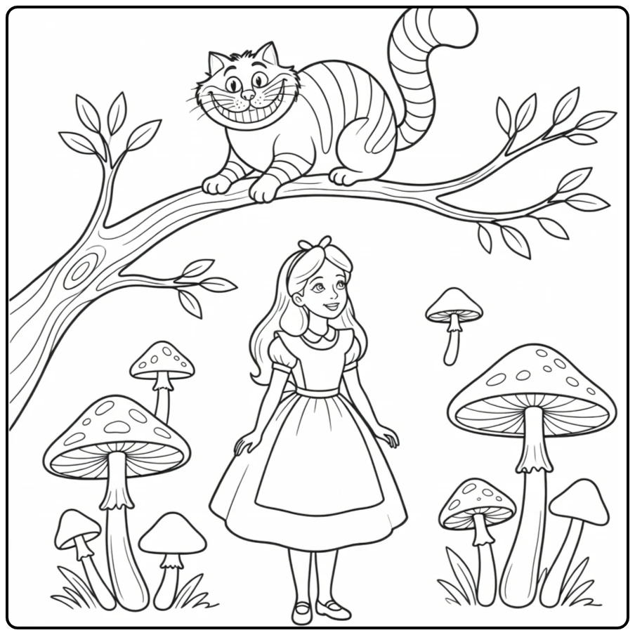 grijnzende cheshirekat boven alice in wonderland coloring page