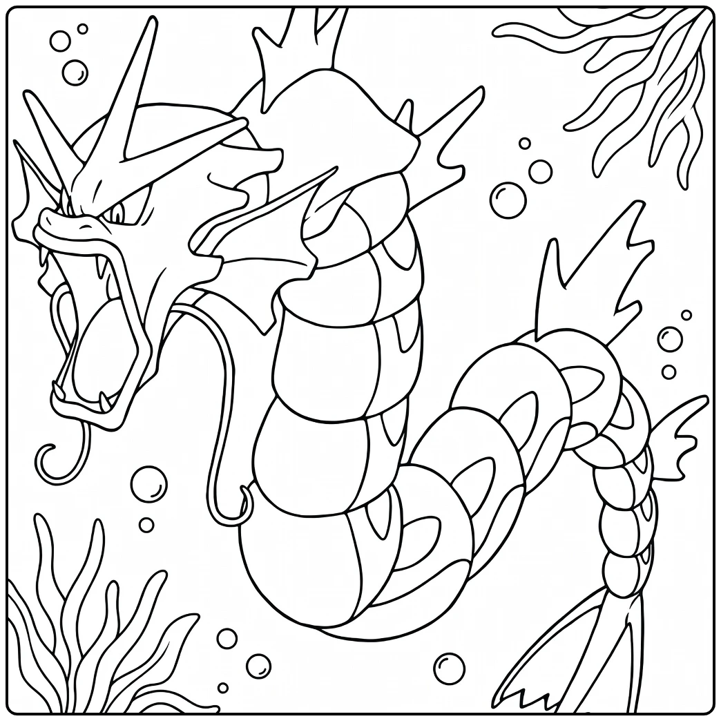 Gyarados Fierce Sea Serpent with Seaweed and Bubbles coloring page