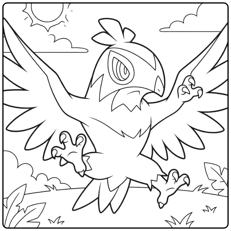Hawlucha in Dynamic Flying Pose with Sun coloring page