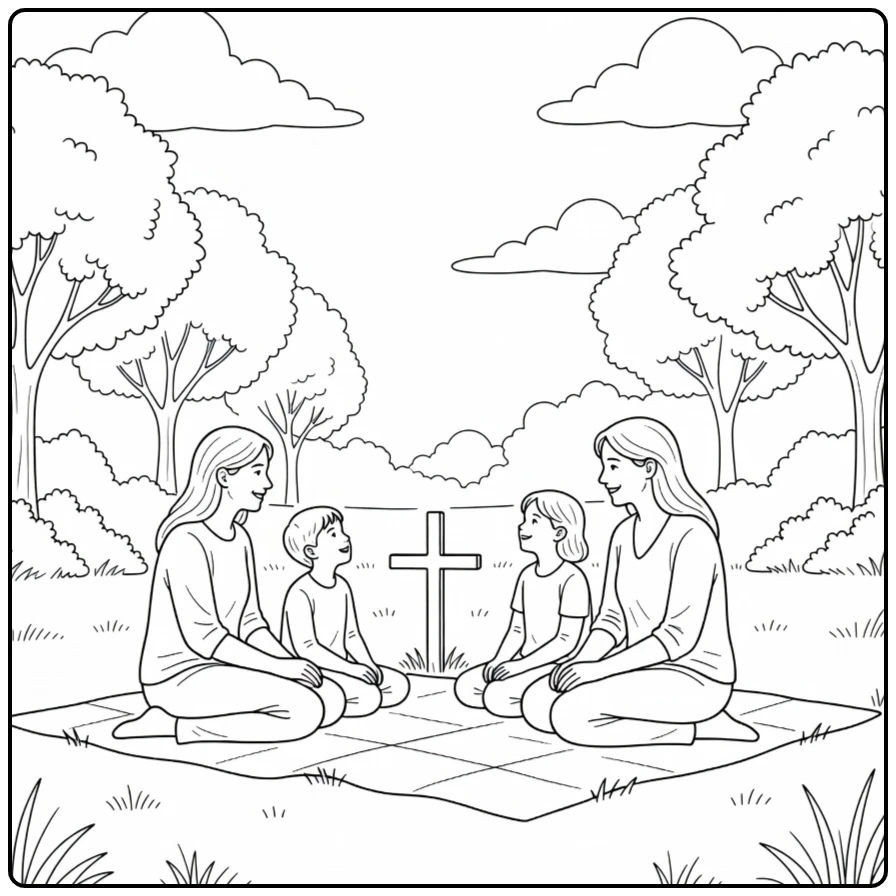 hemelvaart Family on Dekens with Kruis coloring page