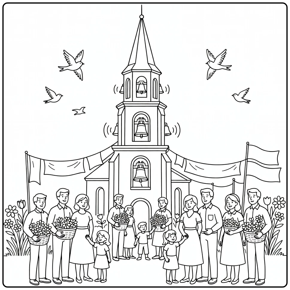 hemelvaart coloring page kerk and flowers for hemelvaart