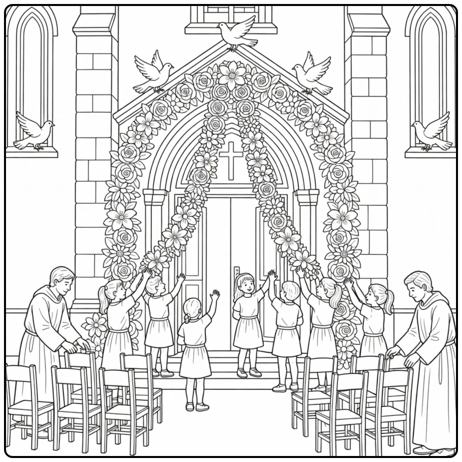 hemelvaart coloring page kerkversiering with flowers and doves