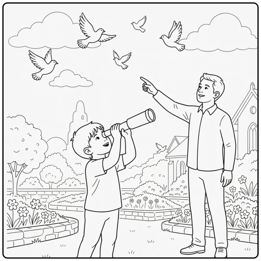 hemelvaart coloring page kind and leraar with clouds doves kerk